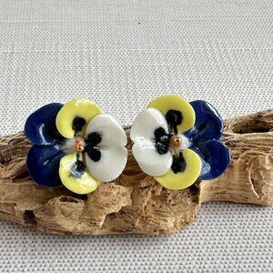 Porcelain Pansy Earrings For Pierced Ears Blue Yellow White Floral Design .75"